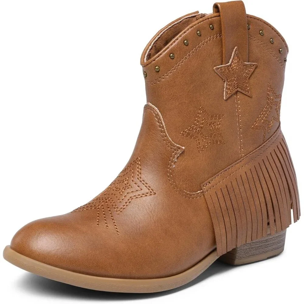 ⚡Girls Camel Cowgirl Ankle Western Boots Side Zipper Riding Shoes With Tassel